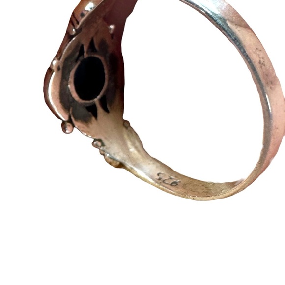 Vtg Sterling Silver Leaf Reposse Lapis Cabochon Band Ring Sz 9.25 Southwest Boho - Picture 9 of 15